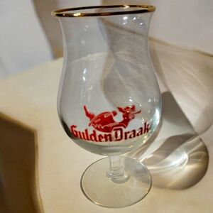 Vtg Gulden Draak Stemmed Chalice Tulip Beer Glass Enamel Gold Rim Red Label Rare